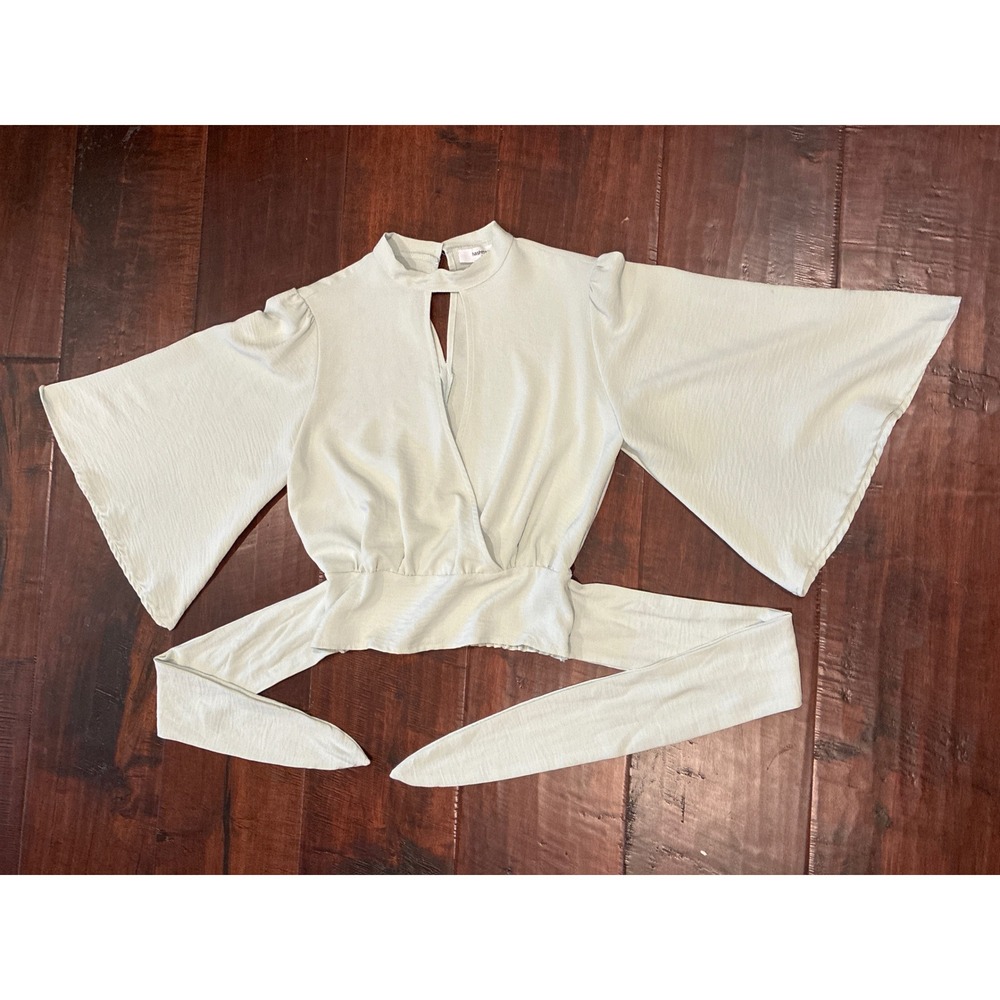 Hashttag Bell Sleeve Wrap Top Womens S Sage Green Cutout Smocked HA44145A